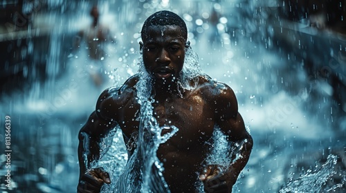 In the midst of splashes, a running man conducts a vigorous training session, his athletics preparation surrounded by the drama of water. photo