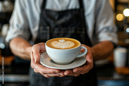 barista waiter serving coffee in white cup