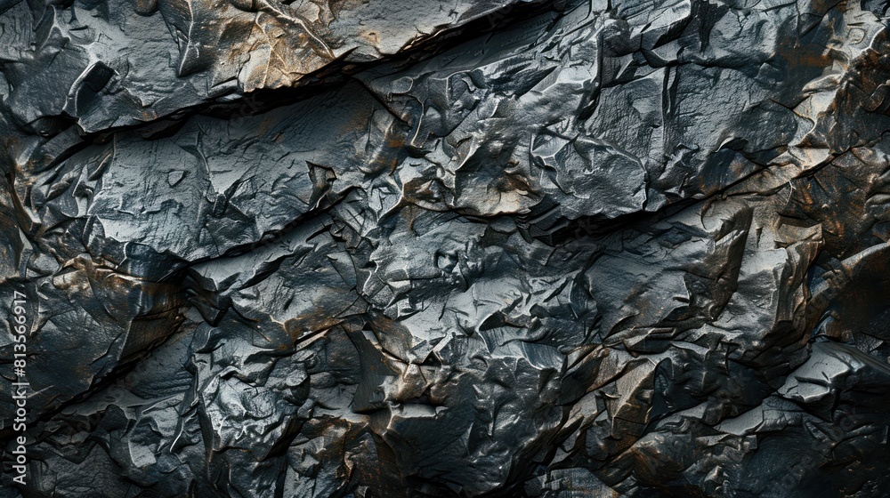 This high-resolution image showcases the intricate details of a rugged, dark grey stone surface with shadows creating a dramatic effect