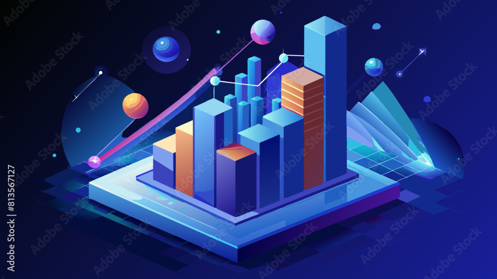 Blue gradient slim chart bars template, Flat design interface ...