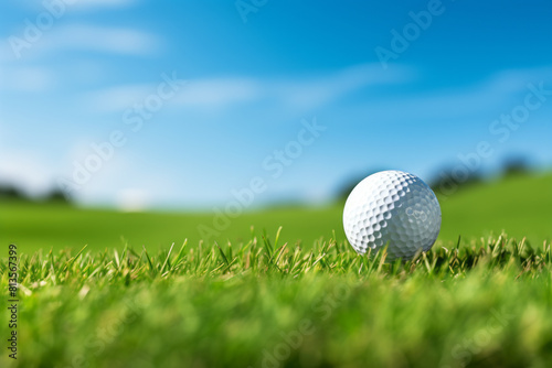 Close up golf ball on a tee, set against a vibrant green field with a clear blue sky overhead