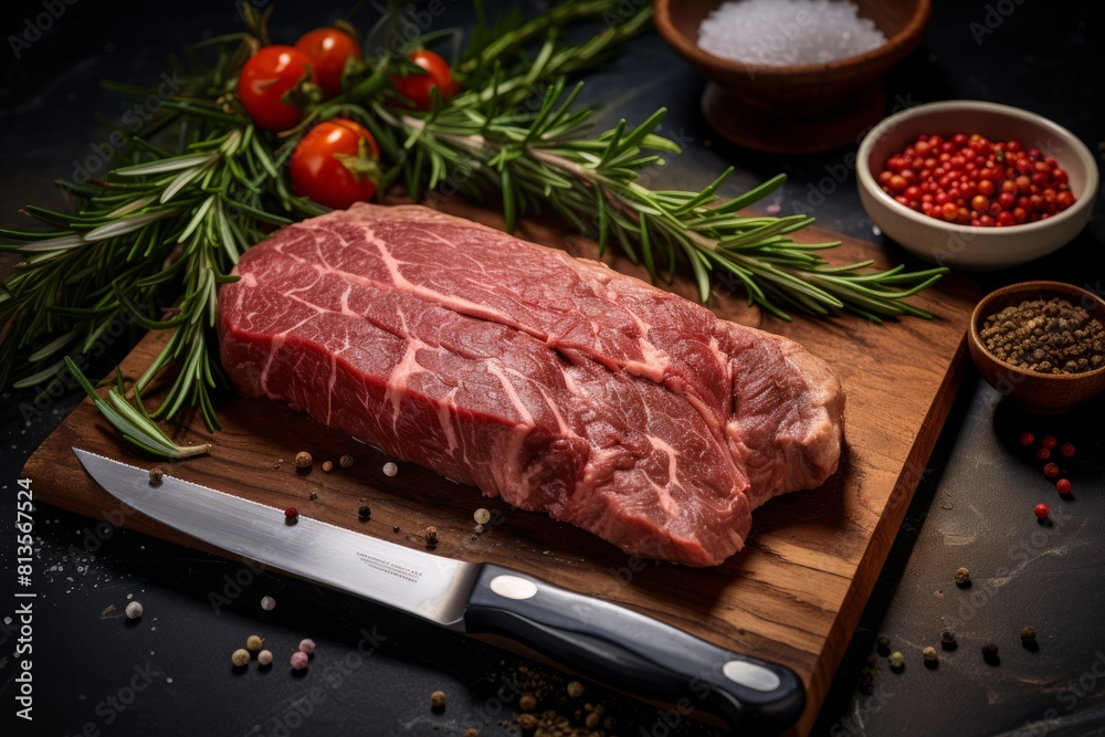 High-quality of a premium raw beef steak ready for grilling, presented on a marble countertop with kitchen knives and rosemary, Food Concept