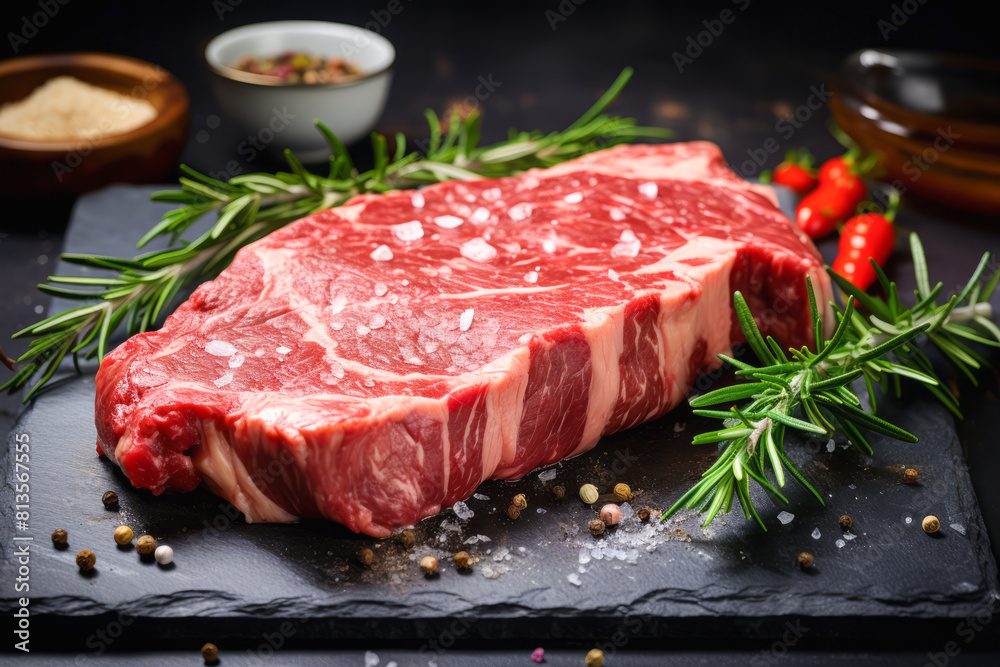 High-quality of a premium raw beef steak ready for grilling, presented on a marble countertop with kitchen knives and rosemary, Food Concept