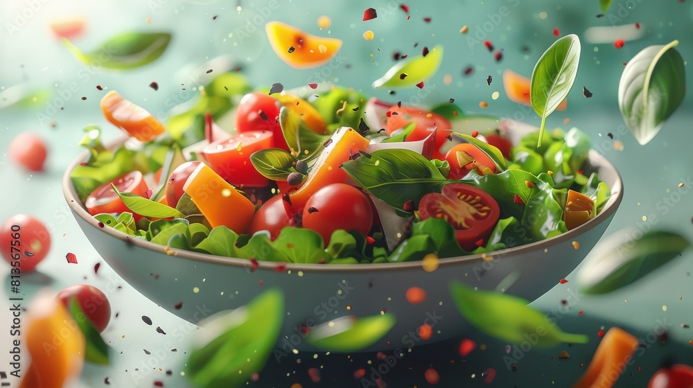 Isometric art of a bowl with vegetables salad , with creativity and ideas flowing, dreamy summer color palette, illustration 3D, food styling. Generative AI. Isometric art of a bowl with vegetables salad , with creativity and ideas flowing, dreamy summer color palette, illustration 3D, food styling. Generative AI.