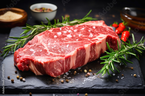 High-quality of a premium raw beef steak ready for grilling, presented on a marble countertop with kitchen knives and rosemary, Food Concept