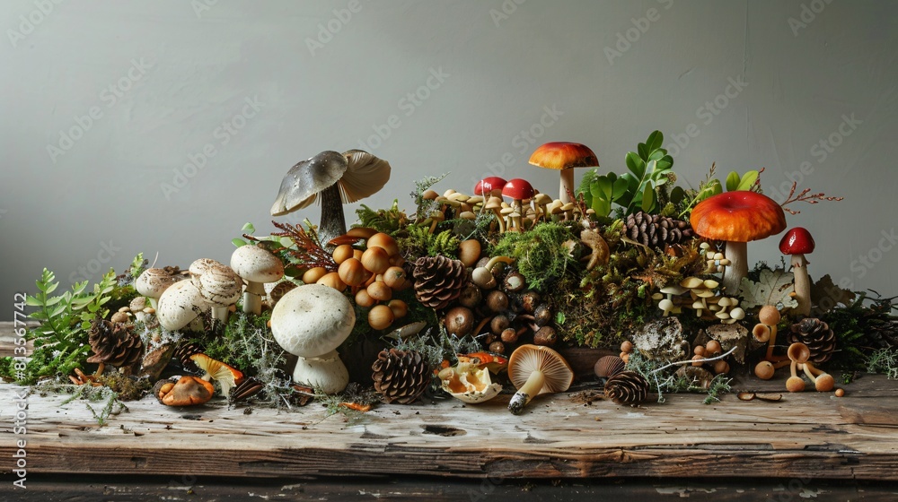 Close up of an artistic arrangement of mushrooms, moss, and forest debris on a wooden table against dark background Close up of an artistic arrangement of mushrooms, moss, and forest debris on a wooden table against dark background