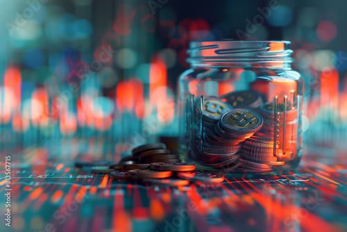 Close up Glass jar filled with coins and banknotes, labeled 'Future Savings', set against a soft-focus background of financial charts