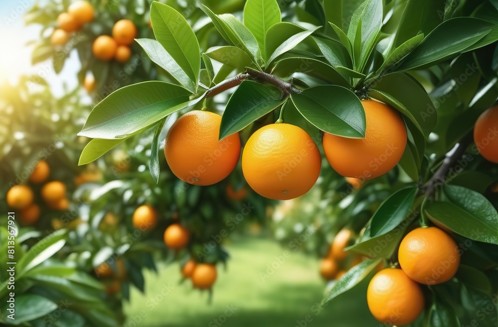 Ripe oranges hanging on a tree in the garden of an orange plantation.