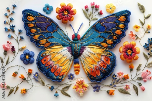 Close-up of a butterfly with flowers, machine embroidery on fabric photo