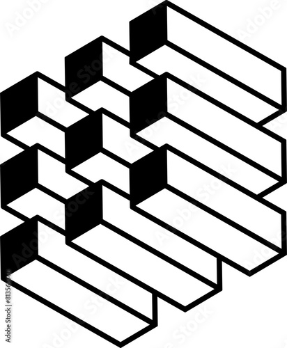 Abstract black and white geometric design element. Three dimensional shape.