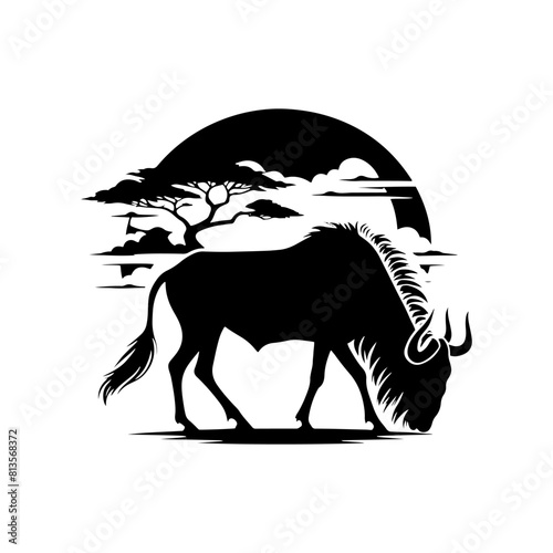 Minimalist Vector Wildebeest Silhouette Evoking Serene Savannah Scenes- Wildebeest Illustration.