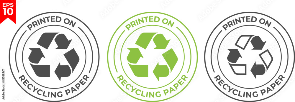 100% recycled paper label. Eco friendly packaging symbol. Printed on recycling paper icon. Flat design. Vector illustration.
