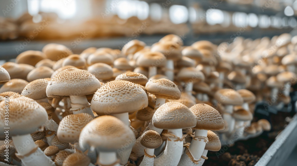 Close up view of interior of greenhouse full of mushrooms Close up view of interior of greenhouse full of mushrooms