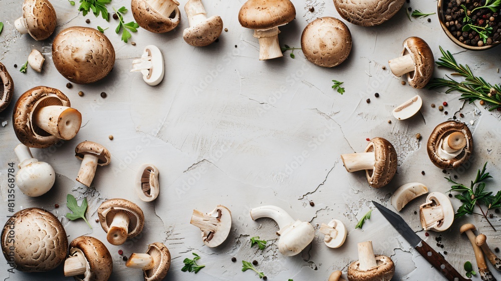 Frame made of a fresh mushrooms on the kitchen table with some tools for cooking, copy space in the middle Frame made of a fresh mushrooms on the kitchen table with some tools for cooking, copy space in the middle