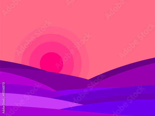 Wavy landscape at sunset in minimalist boho style. Desert wavy landscape with dunes and sun. View of the hills. Design for printing banners, posters, book covers. Vector illustration