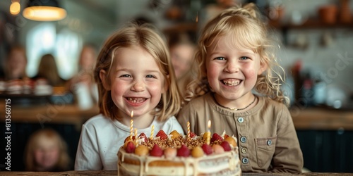 Blonde children laughing in front of a birthday cake.