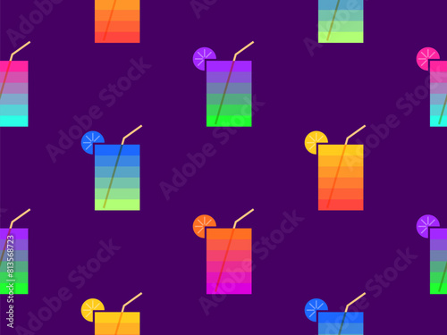 Glass with lemon and straw seamless pattern. Colorful striped glass with a slice of lemon and a straw. Design for wrapping paper, wallpaper and banners. Vector illustration