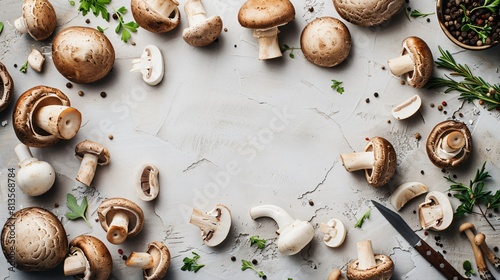 Fototapeta Naklejka Na Ścianę i Meble -  Frame made of a fresh mushrooms on the kitchen table with some tools for cooking, copy space in the middle
