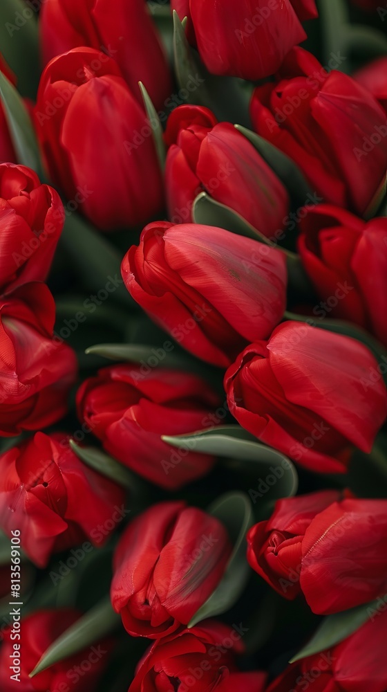 Red tulip bouquet flower background. Floral wallpaper, banner. February 14, valentine's day, love, 8 march international women's day theme.