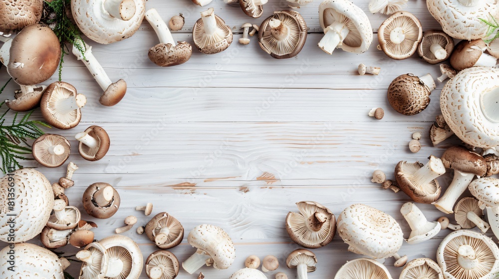 Frame made of mushrooms on the white wooden table with some tools for cooking them, copy space in the middle Frame made of mushrooms on the white wooden table with some tools for cooking them, copy space in the middle
