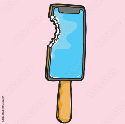Vector illustration of a bitten blue ice-cream isolated on a pink background