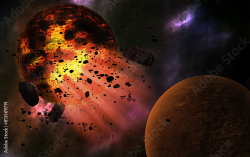 An destructive outer space event of dead planets releasing energy from its core, covered itself insmall particle and debris, Sci-fi apocalypse space background for desktop wallpaper, 3d illustration photo