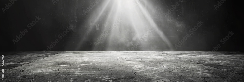 Obraz premium Spotlight in a dark room with concrete floor and brick wall. Dark room with spotlight. Spotlight effect