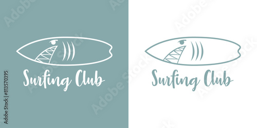 Logo club de surf. Texto Surfing Club con silueta de tabla de surf con forma de tiburón lineal