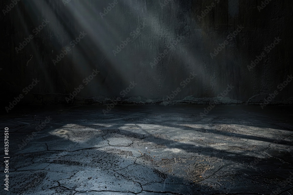 Spotlight in a dark room with concrete floor and brick wall. Dark room ...