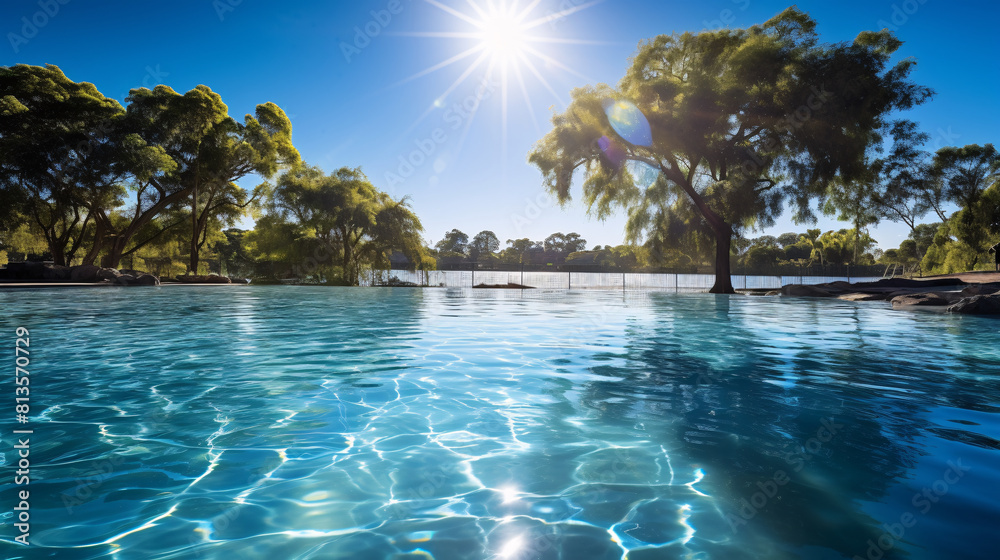 a pool with trees and a sunny sky