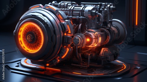 A detailed 3D model of a mechanical engine, showcasing intricate gears and pistons, designed in a futuristic cyberpunk style with neon accents, perfect for use as dynamic desktop wallpaper