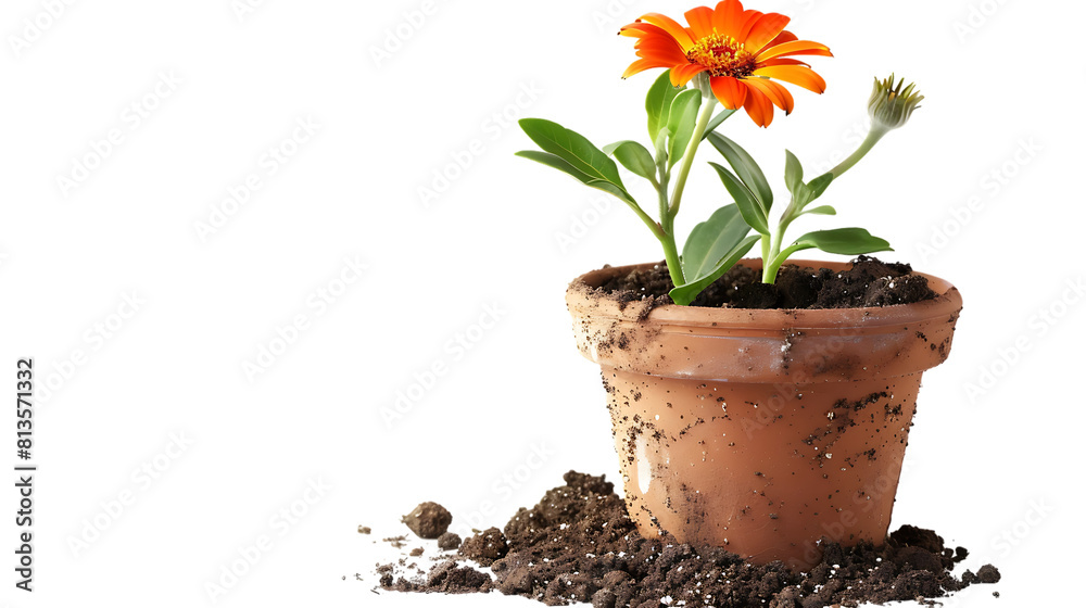 Clay flower pot with soil isolated on transparent background