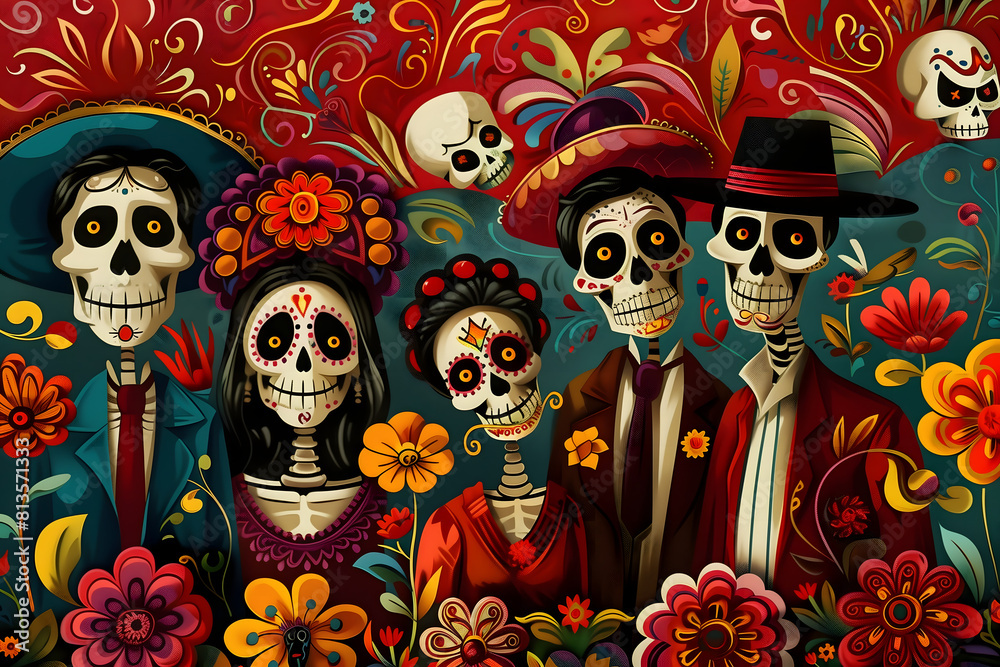 An abstract illustration of a family of skeletons, symbolizing the day of the dead