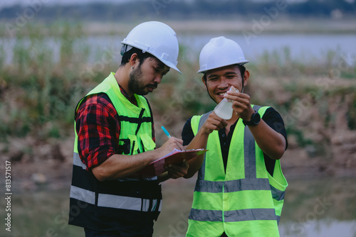 Portrait of asian male scientist and asian male biologist comparing test tubes with samples of polluted water, taken from mountain river and discussing results of analysis during research