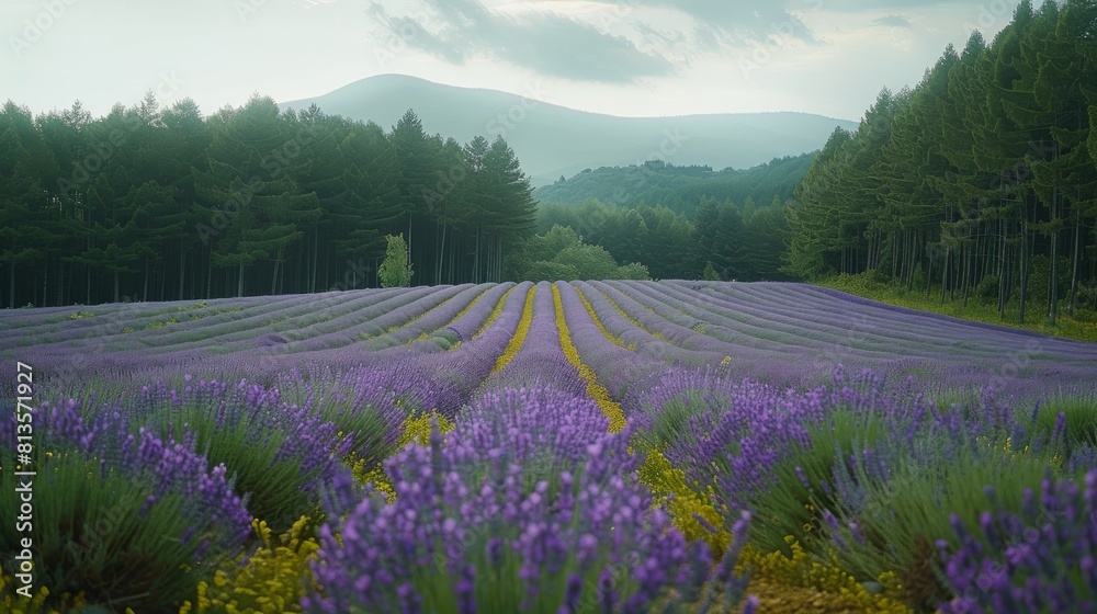 Fototapeta premium The lavender fields nestled amidst the forest. Generative AI.