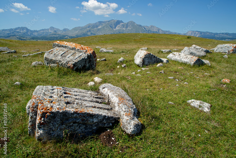 Stecci Medieval Tombstones Graveyards in Zabljak, Montenegro. Historic place of interest. The tombstones feature a wide range of decorative motifs and inscriptions.