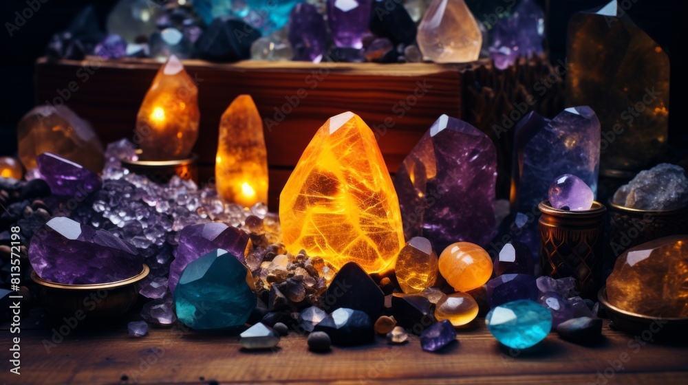 Gemstones in bowl and on table with lights. Gemstone crystals, amazonite & more. Magic crystals Gemstones in bowl and on table with lights. Gemstone crystals, amazonite & more. Magic crystals