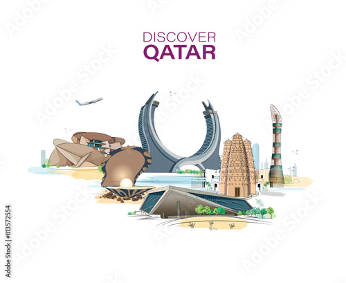 Qatar Skyline view for the city vector illustration. Qatar Doha most popular buildings and landmark vector illustration