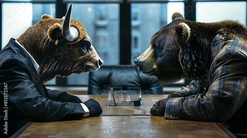 A confrontation between a fierce bull and a confident bear in the business stock market bull and bear concept photo