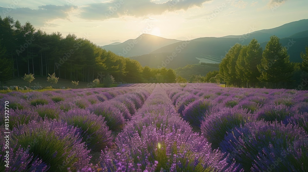 Obraz premium The lavender fields nestled amidst the forest. Generative AI.