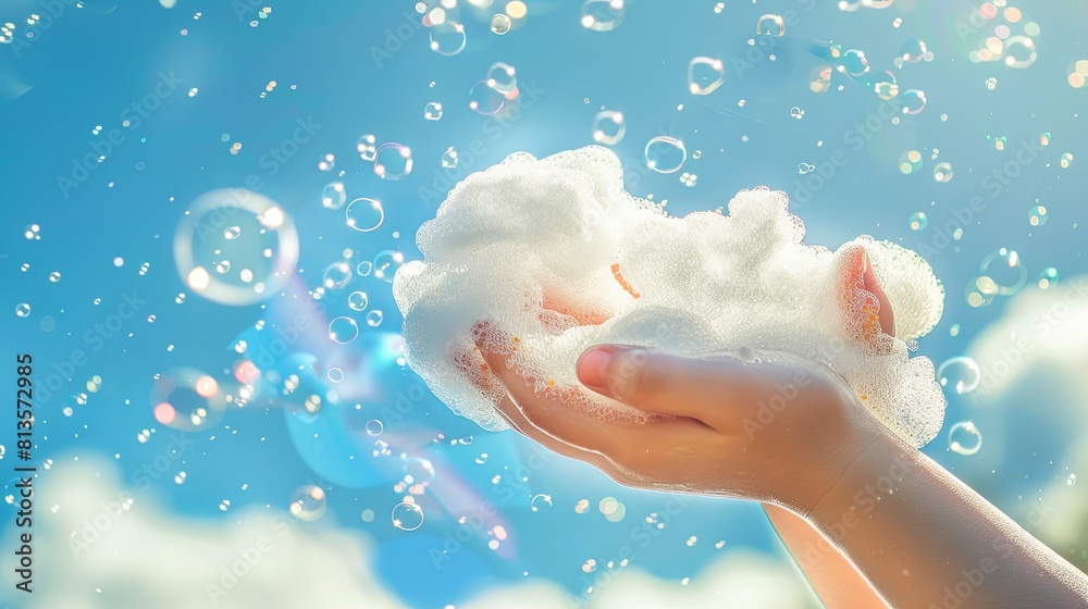 Hand holding a soap bubble that looks like a cloud sky background Hand holding a soap bubble that looks like a cloud sky background