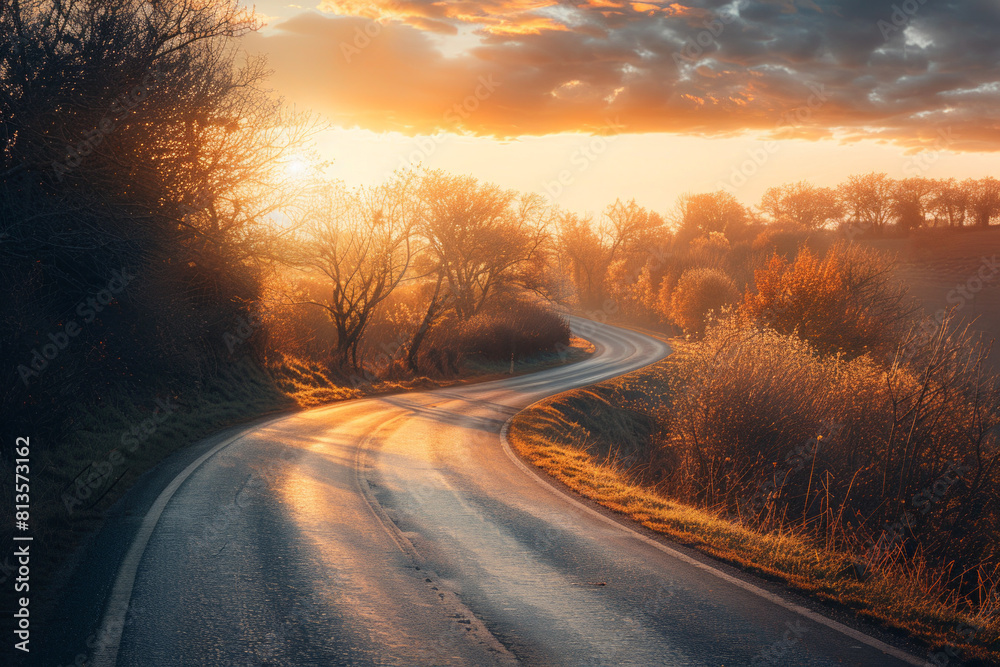 The warm glow of golden hour illuminating a winding rural road lined with trees. The minimalist composition, with just the road and colorful sky, conveys a sense of journey and adventure