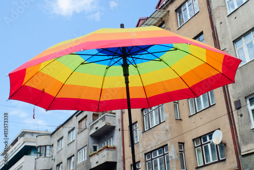 Obraz na płótnie LGBTIQ March Pride. Colorful parade celebrating LGBTIQ rights. Protesters walking with banners and flags. Human rights. Pride, passion and protest. Rainbow families. Equality for all. w salonie