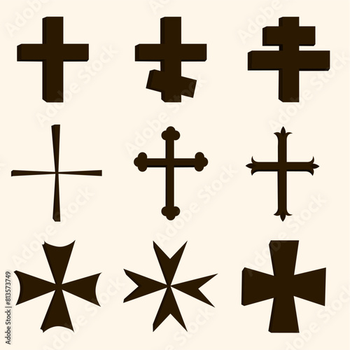 Religion crosses icon set isolated on background. Decorated crosses signs. Vector illustration
