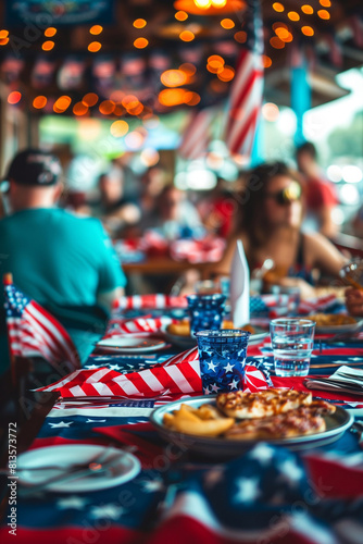 the restaurant is dressed in American flags during the celebration of American Independence Day.