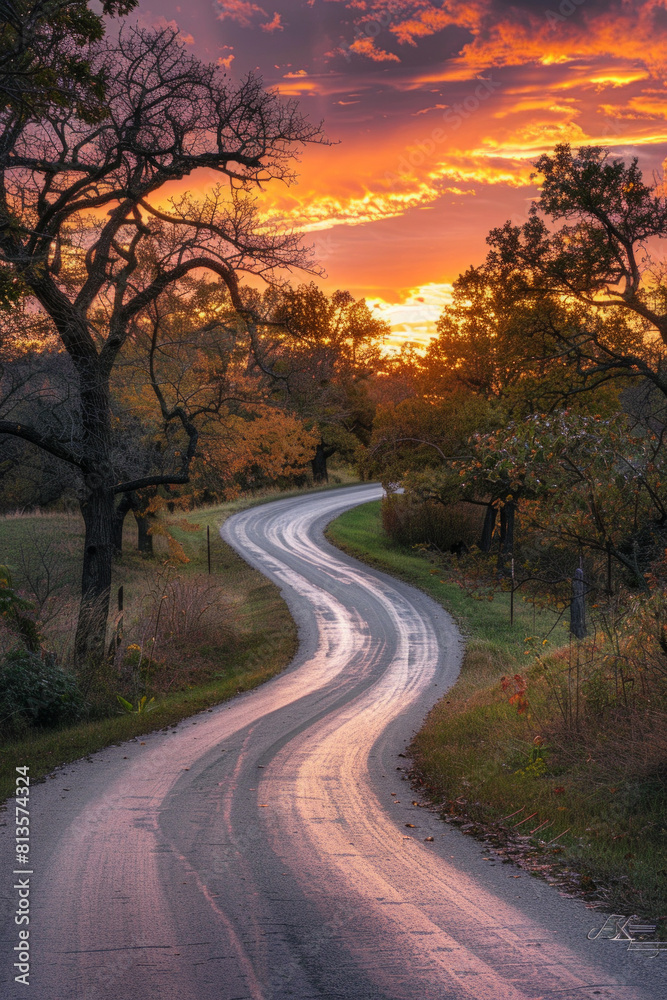 Naklejka premium The warm glow of golden hour illuminating a winding rural road lined with trees. The minimalist composition, with just the road and colorful sky, conveys a sense of journey and adventure