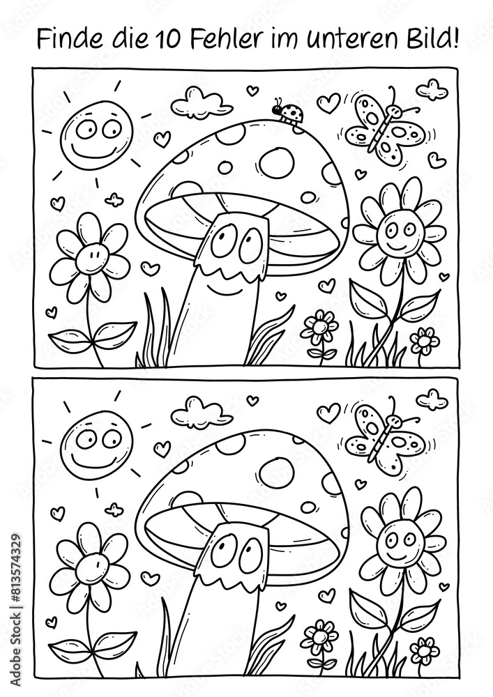 Fehlerbild, 10 Fehler finden, Rätselbild, Rätsel, Ausmalen, Pilz, Fliegenpilz, Blumen, Frühling, Sommer, Schmetterling Fehlerbild, 10 Fehler finden, Rätselbild, Rätsel, Ausmalen, Pilz, Fliegenpilz, Blumen, Frühling, Sommer, Schmetterling