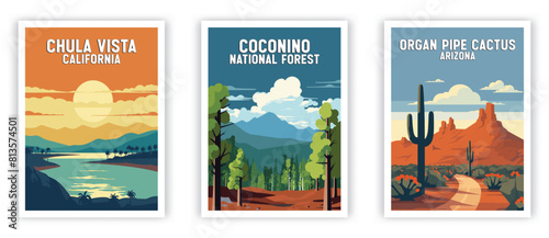 Chula Vista, Coconino, Organ Pipe Cactus Illustration Art. Travel Poster Wall Art. Minimalist Vector art