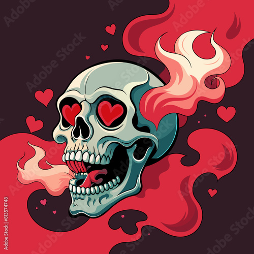 Hauntingly beautiful image of a skull releasing delicate heart-shaped smoke from its hollow eye sockets