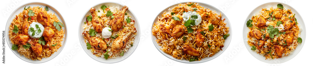 Set of Delicious vegetable chicken biryani plate close up, top view, isolated on transparent background, cut out Set of Delicious vegetable chicken biryani plate close up, top view, isolated on transparent background, cut out
